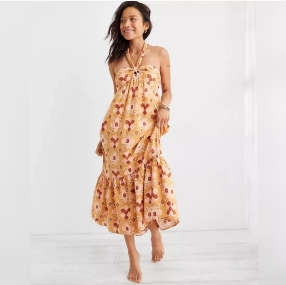 Aerie Linen Blend High Low Halter Maxi Sundress Size Large Yellow,Pink & Red